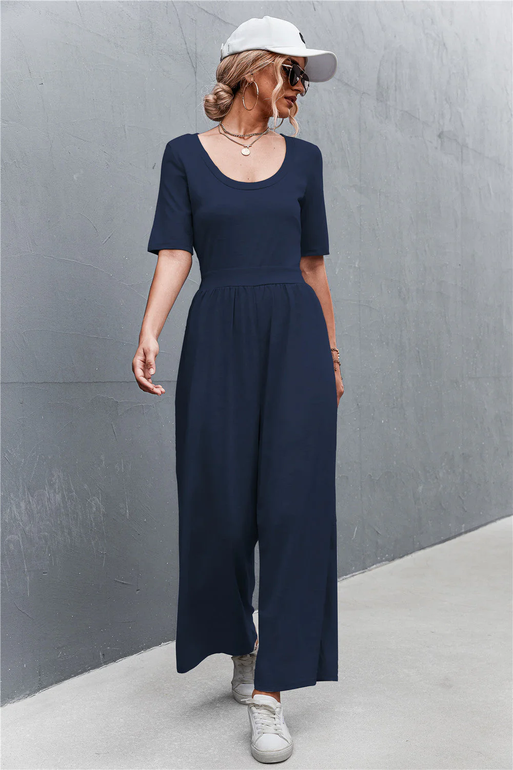Scoop Neck Half Sleeve Wide Leg Jumpsuit - Image 17