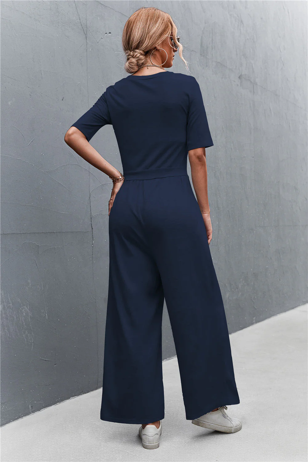 Scoop Neck Half Sleeve Wide Leg Jumpsuit - Image 18