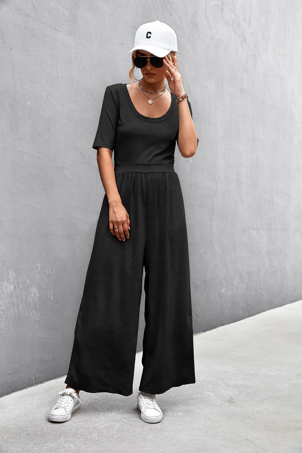 Scoop Neck Half Sleeve Wide Leg Jumpsuit - Image 19