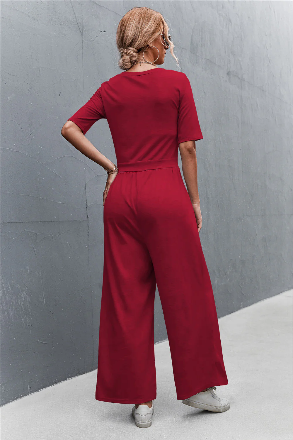 Scoop Neck Half Sleeve Wide Leg Jumpsuit - Image 2