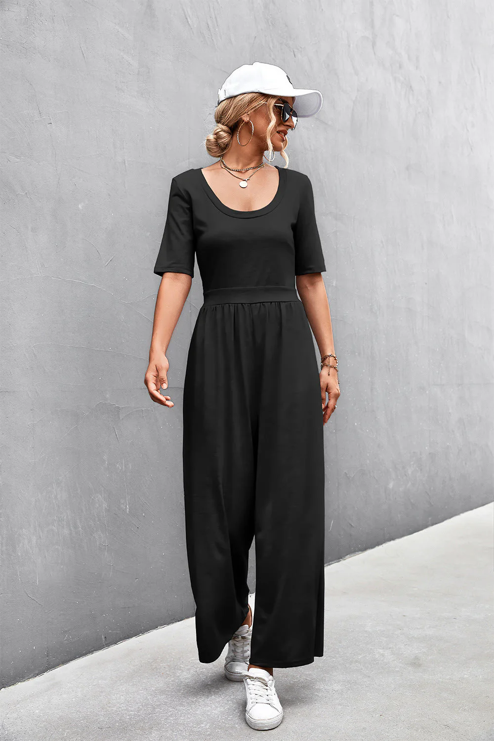 Scoop Neck Half Sleeve Wide Leg Jumpsuit - Image 20