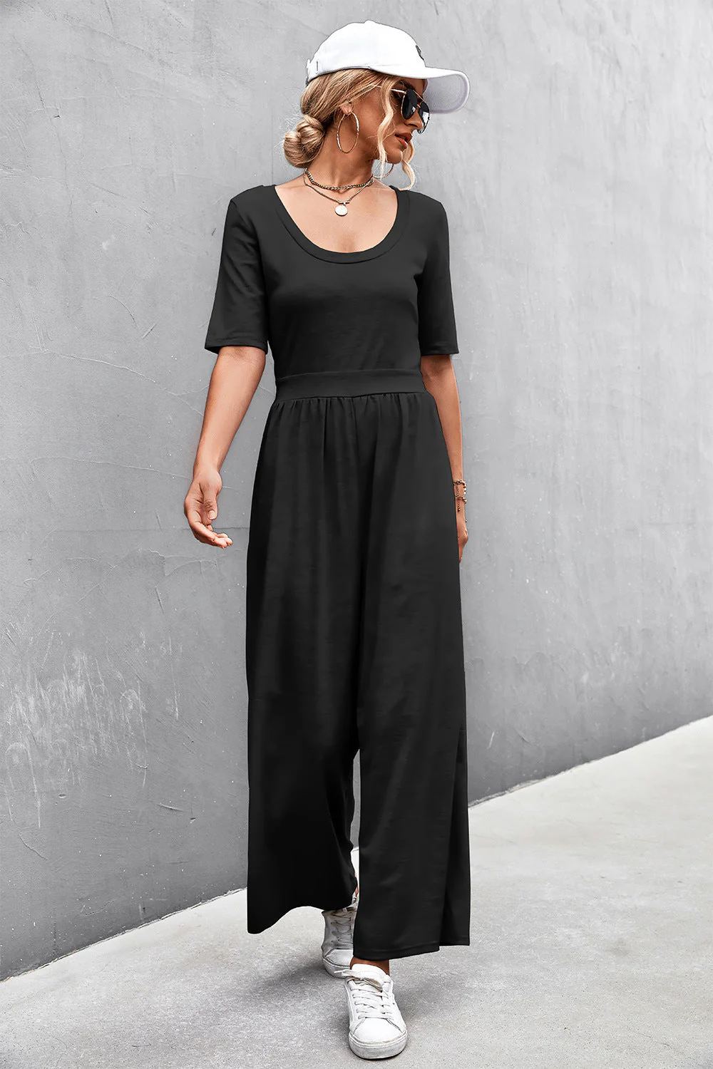 Scoop Neck Half Sleeve Wide Leg Jumpsuit - Image 21