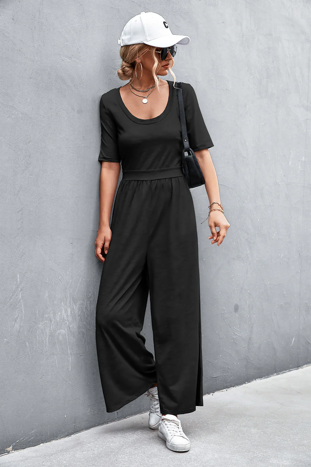 Scoop Neck Half Sleeve Wide Leg Jumpsuit - Image 22