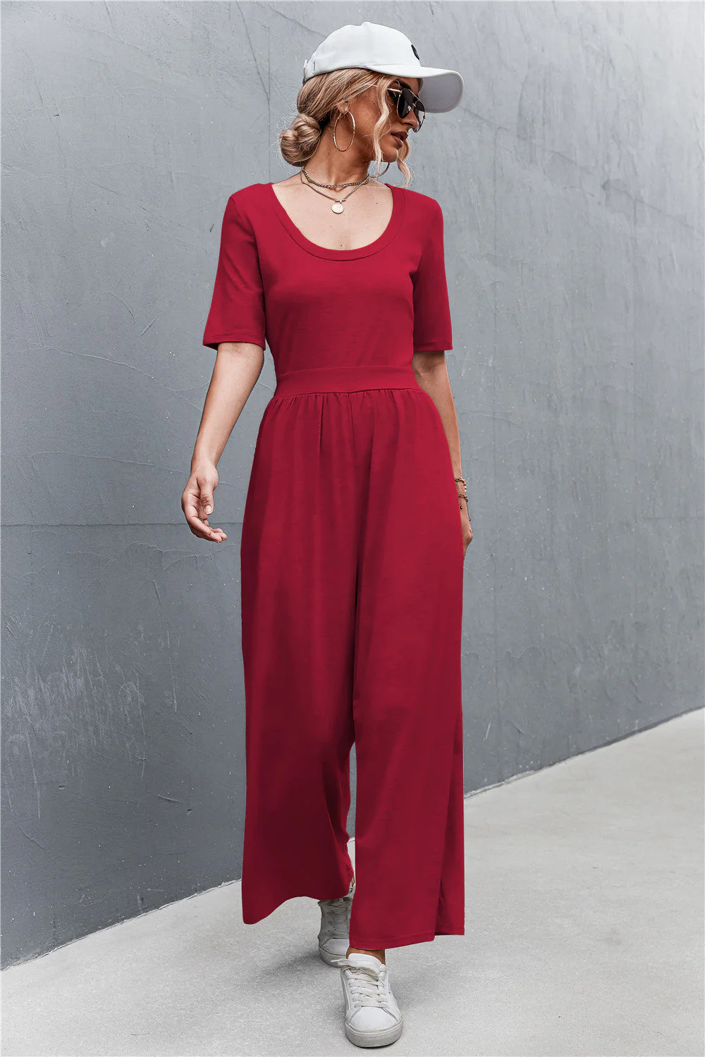 Scoop Neck Half Sleeve Wide Leg Jumpsuit - Image 3