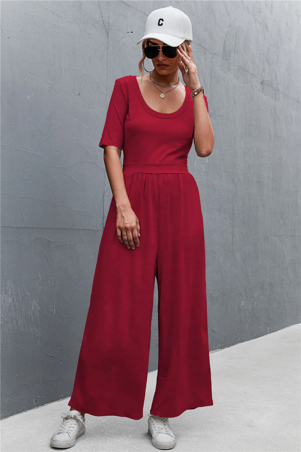 Scoop Neck Half Sleeve Wide Leg Jumpsuit - Image 4