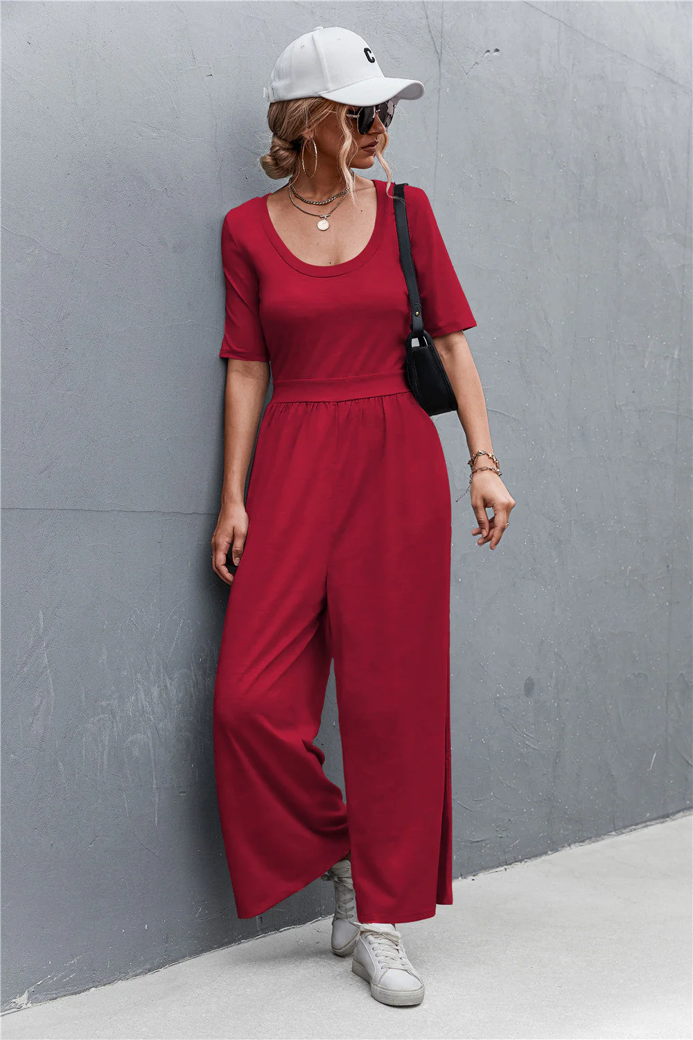 Scoop Neck Half Sleeve Wide Leg Jumpsuit - Image 5