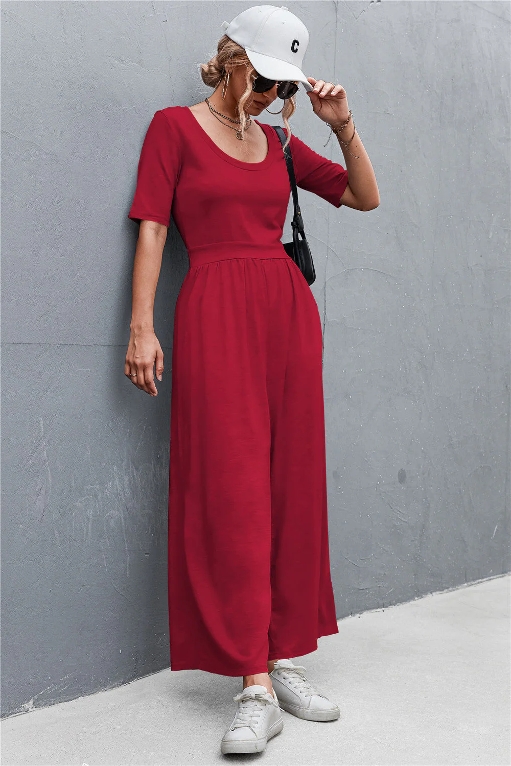 Scoop Neck Half Sleeve Wide Leg Jumpsuit - Image 6