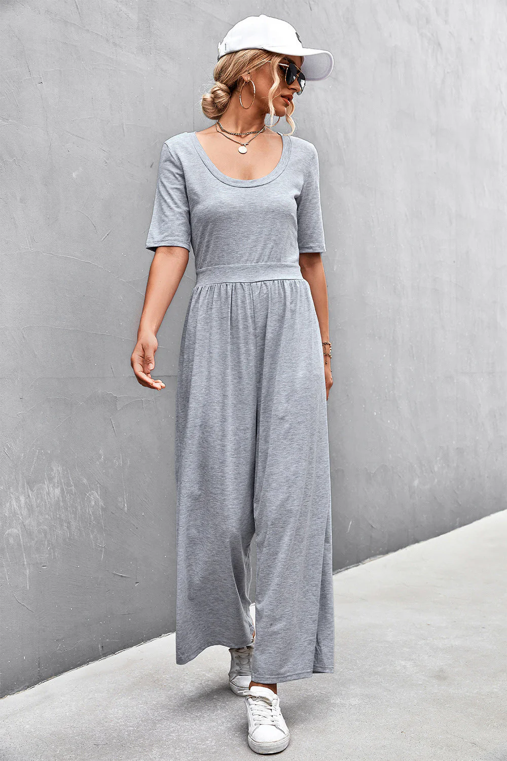 Scoop Neck Half Sleeve Wide Leg Jumpsuit - Image 7