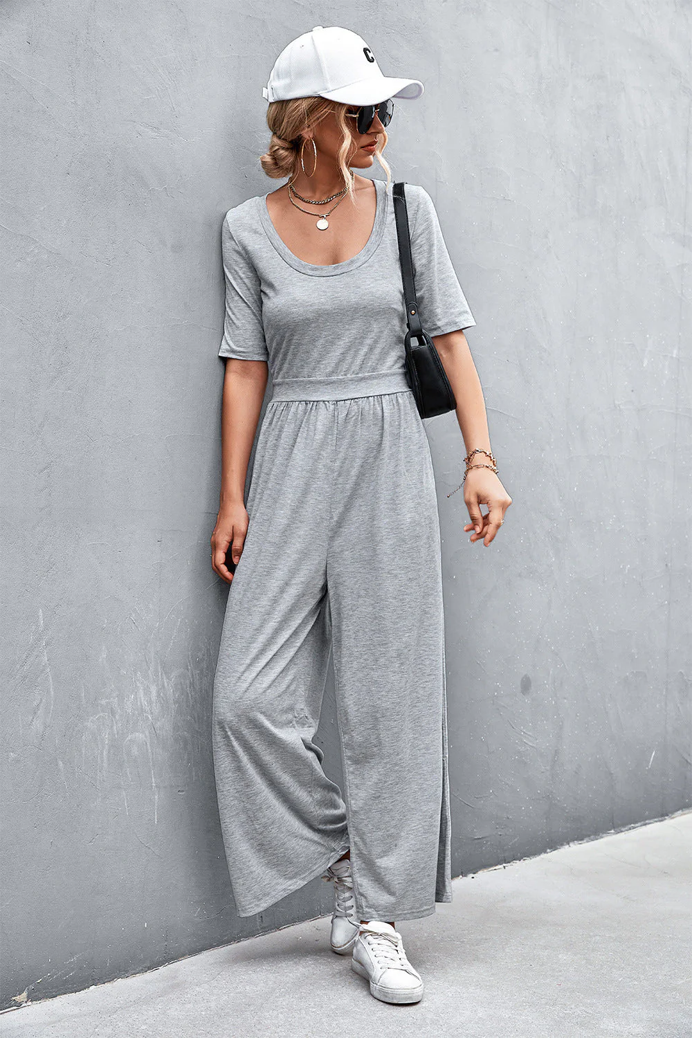 Scoop Neck Half Sleeve Wide Leg Jumpsuit - Image 8