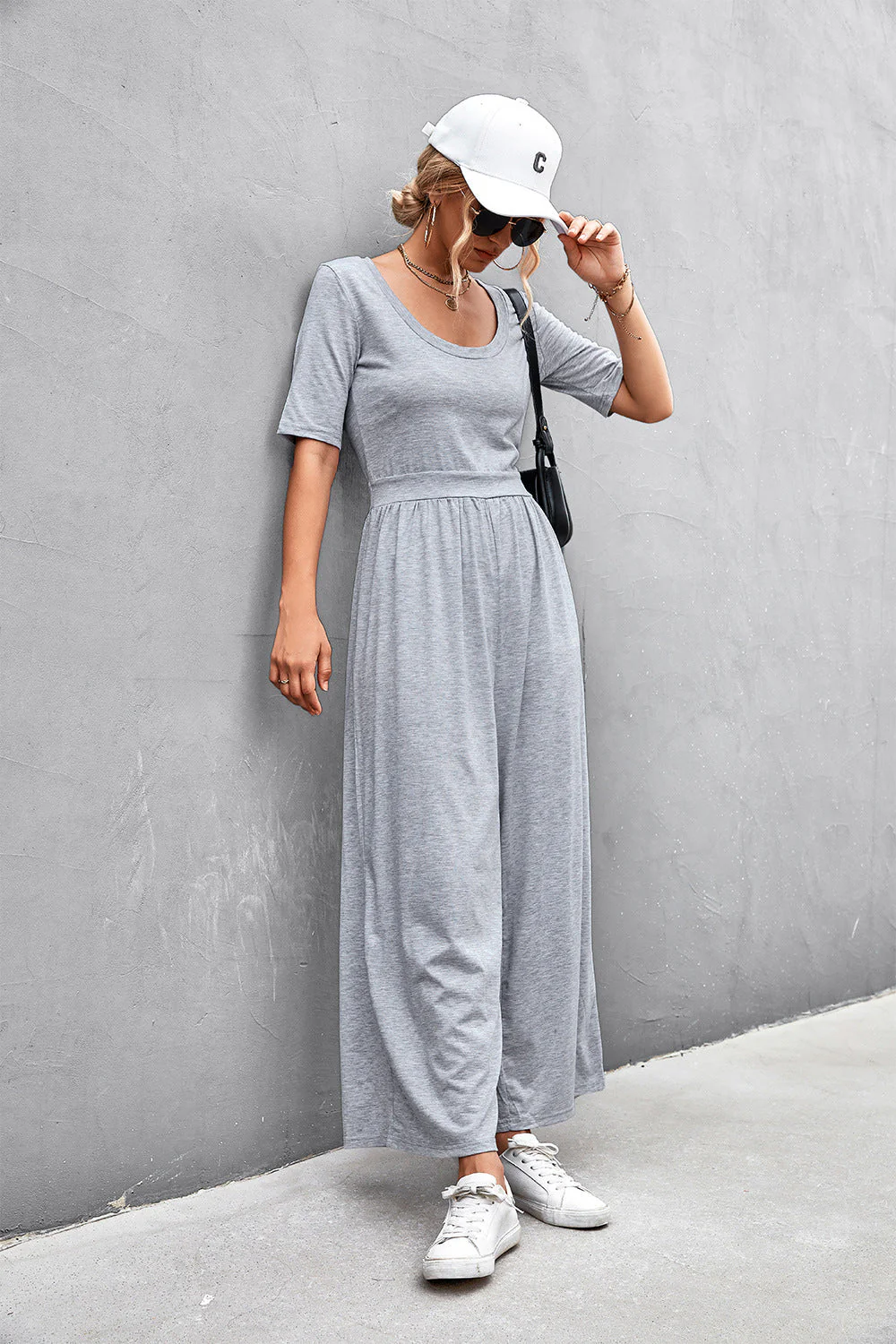 Scoop Neck Half Sleeve Wide Leg Jumpsuit - Image 9