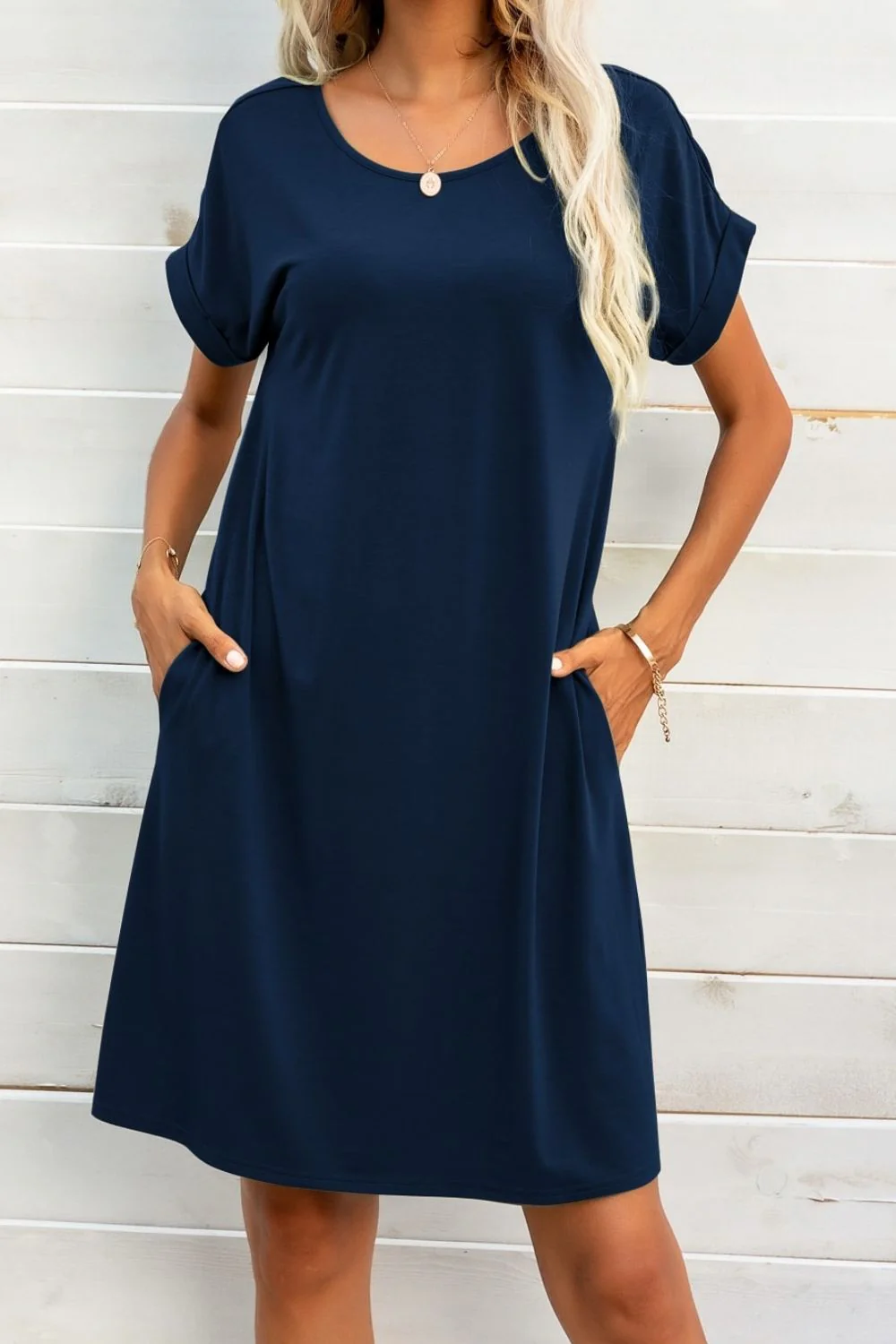 Scoop Neck Short Sleeve Pocket Dress - Image 11