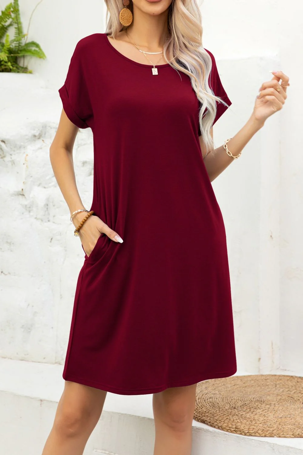 Scoop Neck Short Sleeve Pocket Dress - Image 14