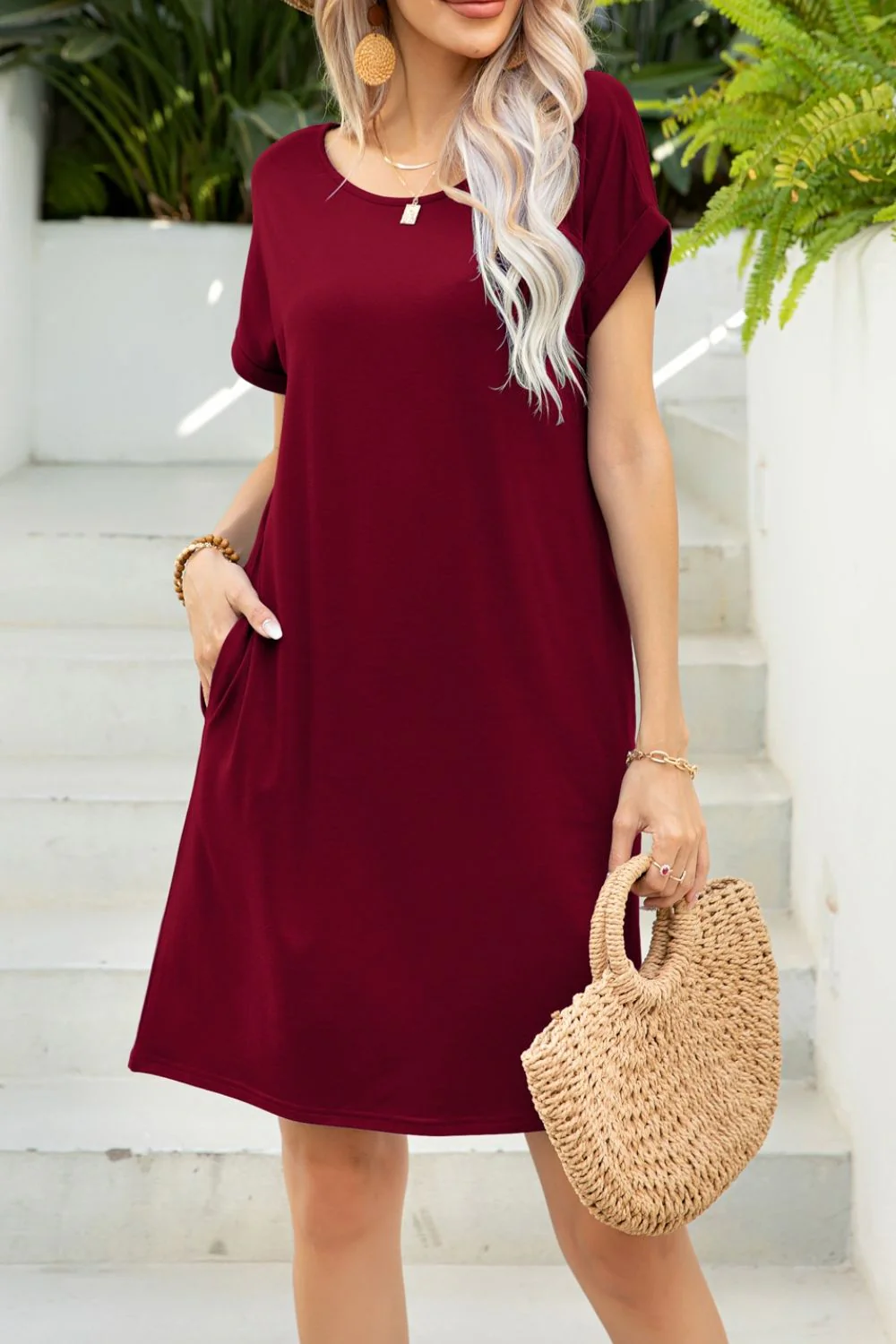 Scoop Neck Short Sleeve Pocket Dress - Image 15