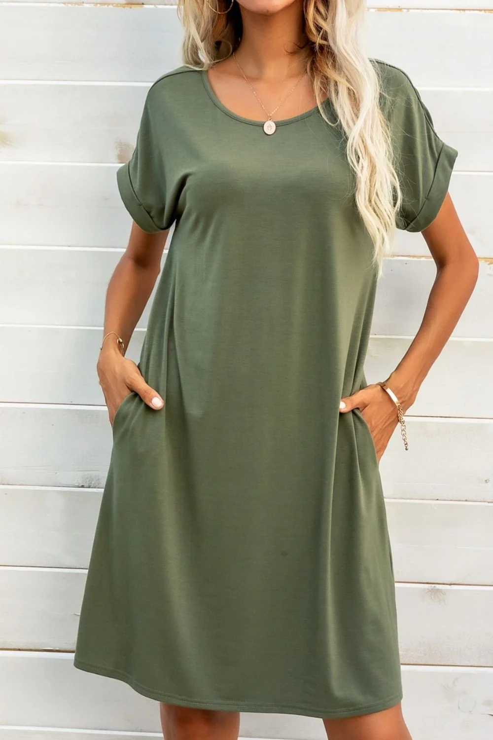 Scoop Neck Short Sleeve Pocket Dress - Image 3