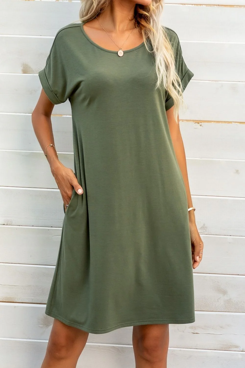 Scoop Neck Short Sleeve Pocket Dress - Image 4