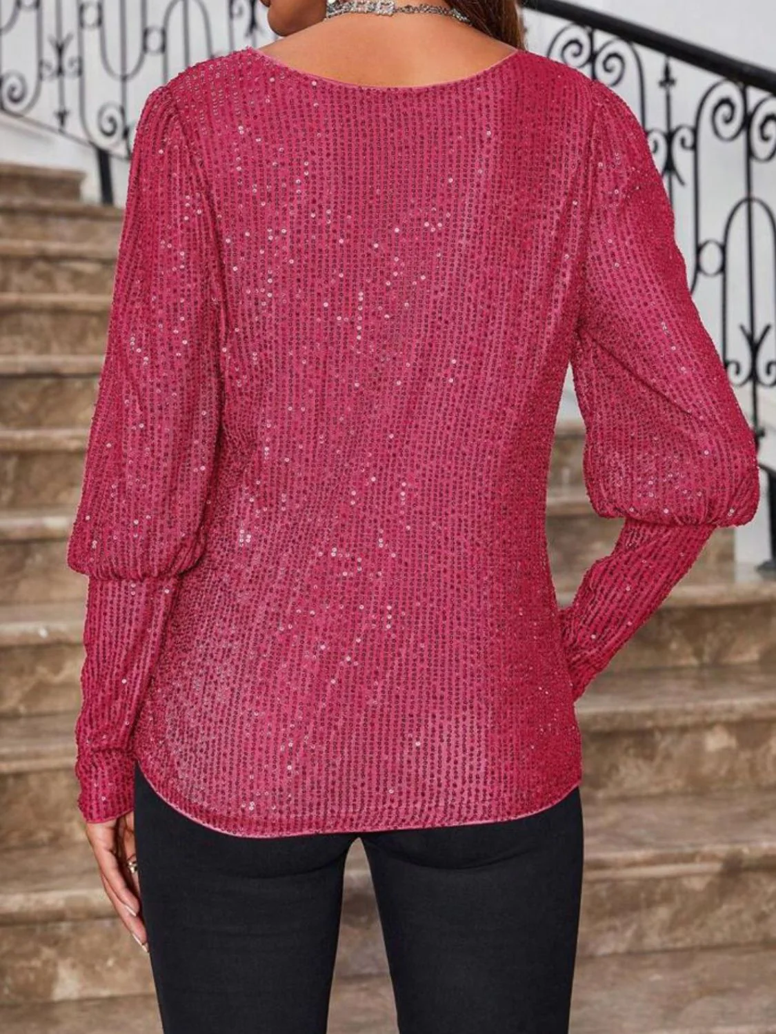 Sequin Boat Neck Long Sleeve Top - Image 12