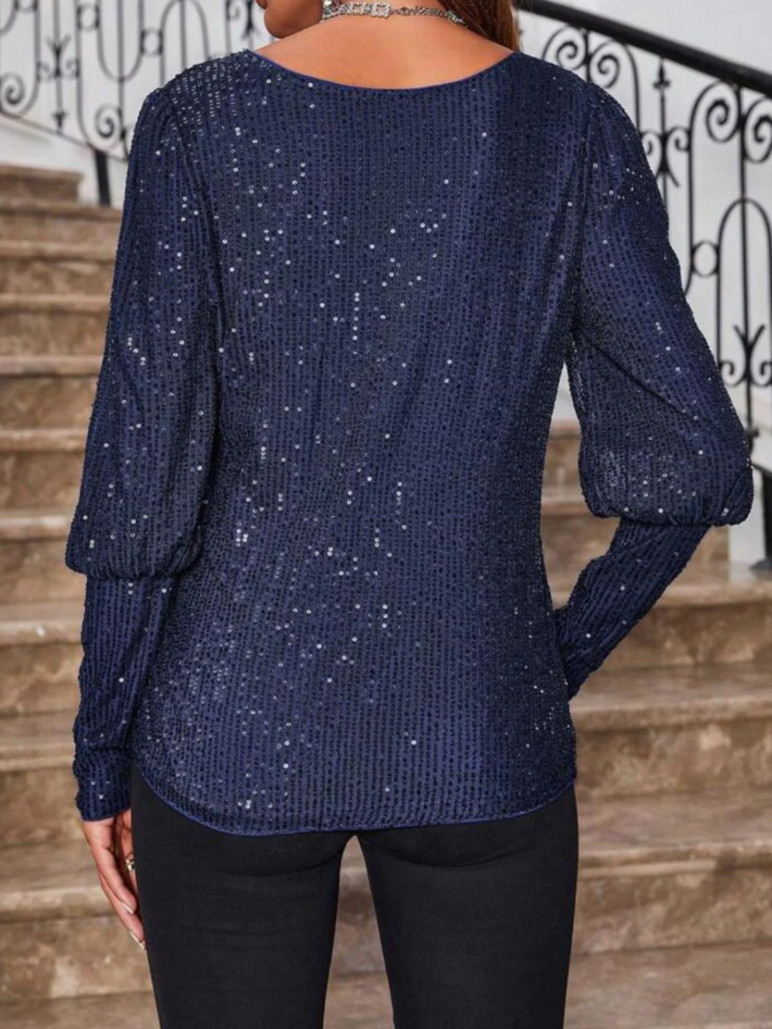 Sequin Boat Neck Long Sleeve Top - Image 3