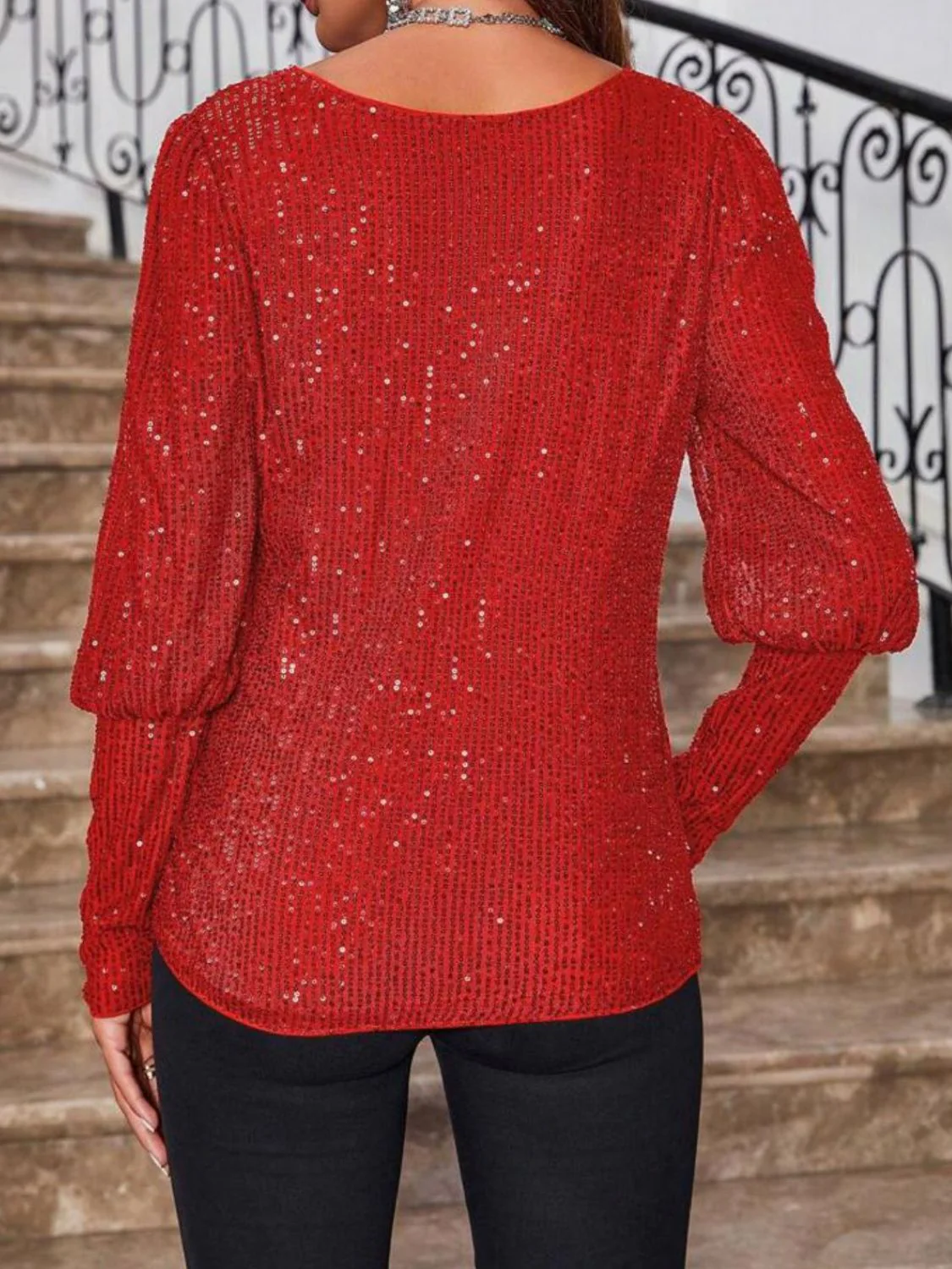 Sequin Boat Neck Long Sleeve Top - Image 6