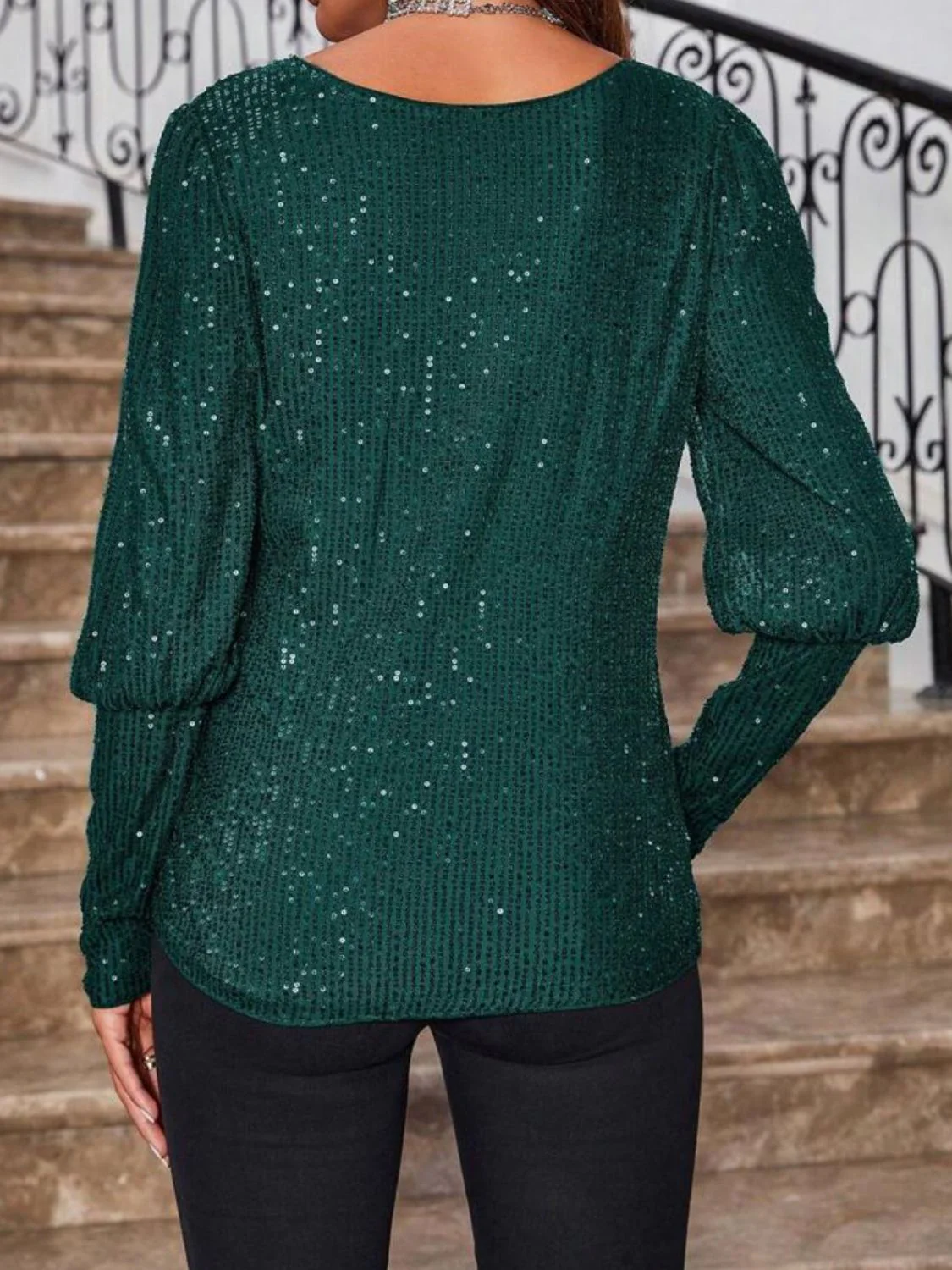 Sequin Boat Neck Long Sleeve Top - Image 9