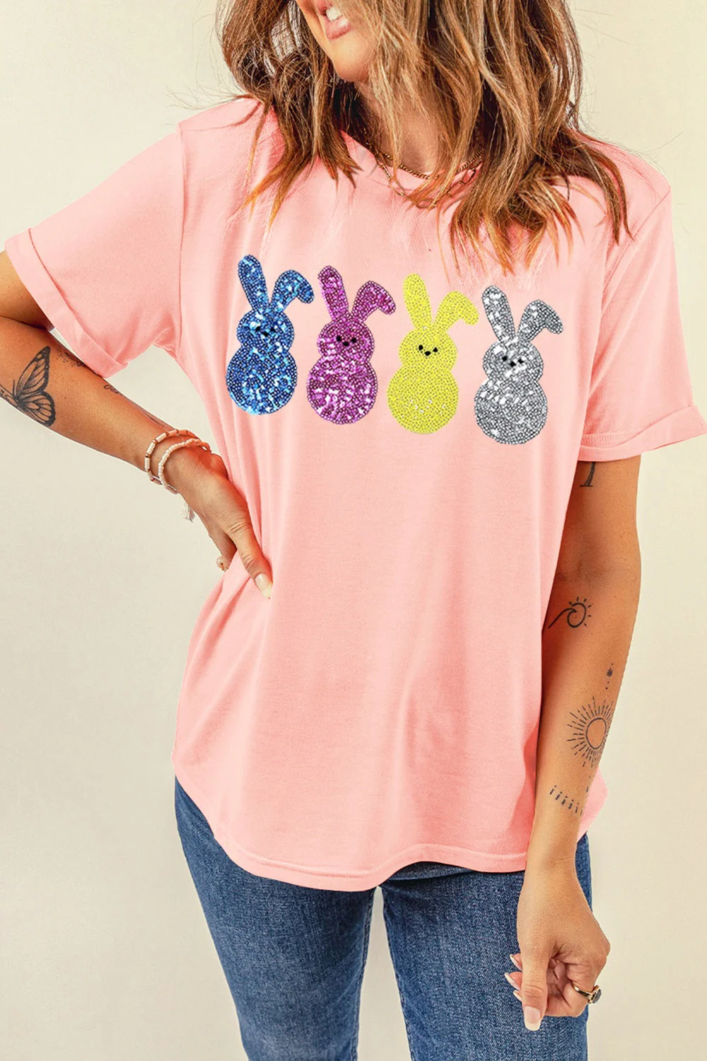 Sequin Bunny Round Neck Short Sleeve T-Shirt - Image 3