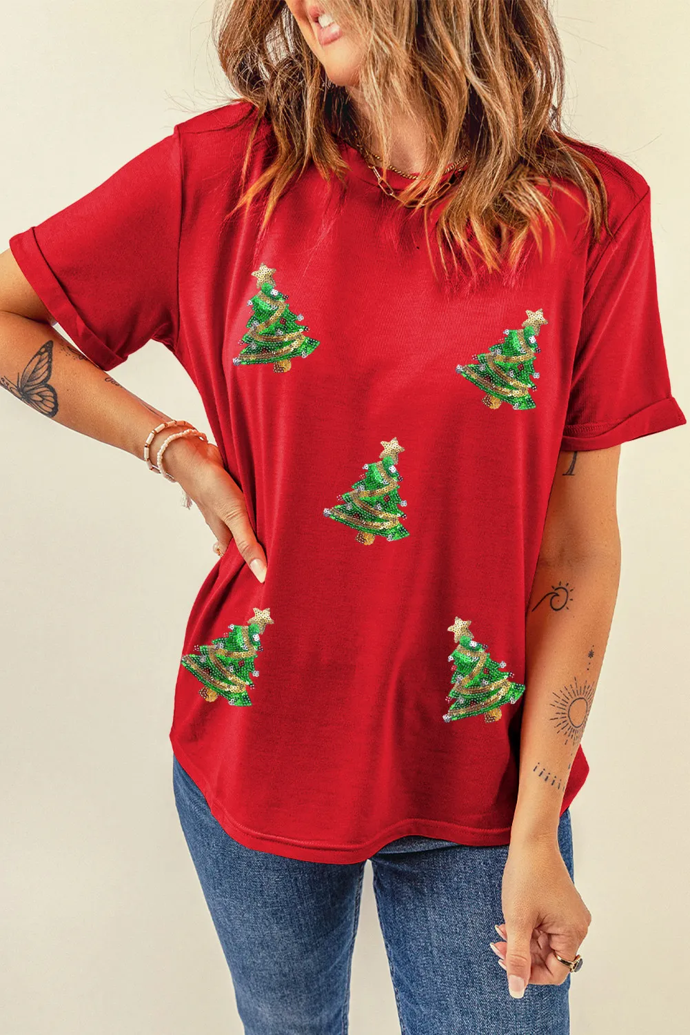 Sequin Christmas Tree Round Neck Short Sleeve T-Shirt - Image 2