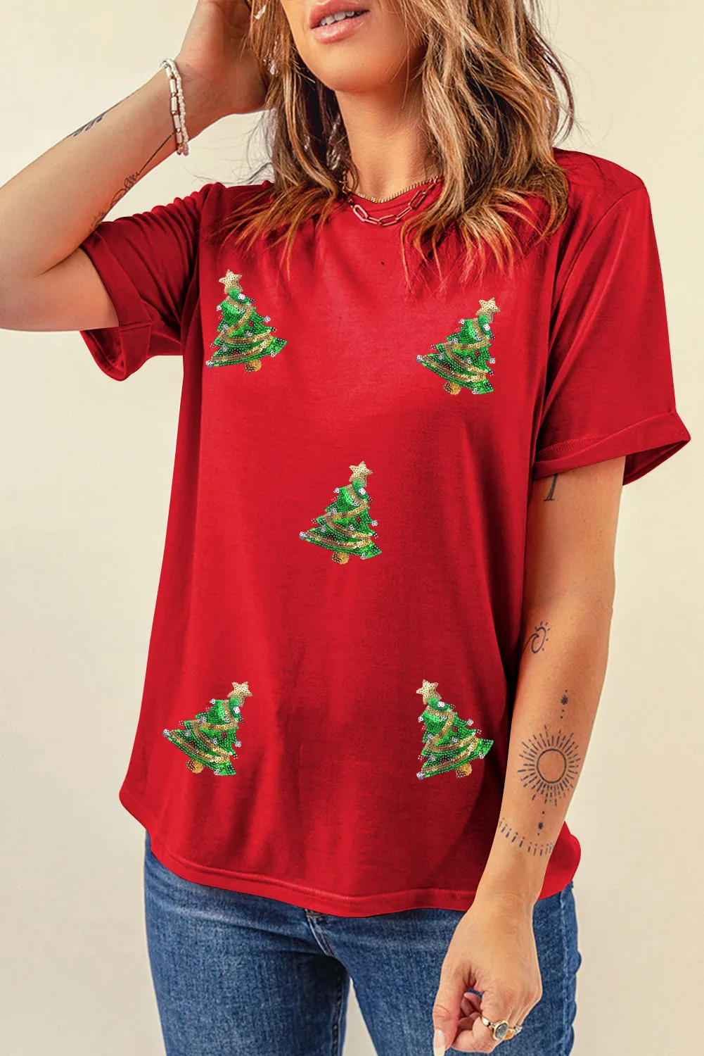 Sequin Christmas Tree Round Neck Short Sleeve T-Shirt - Image 3