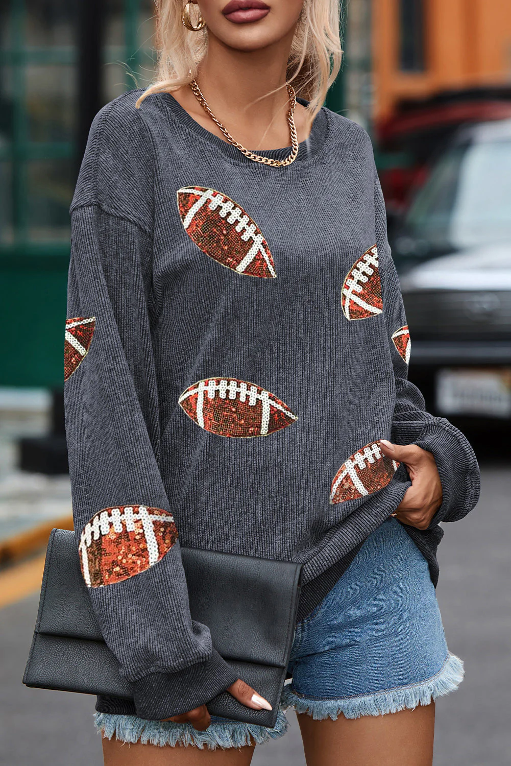 Sequin Football Patch Corduroy Sweatshirt - Image 8