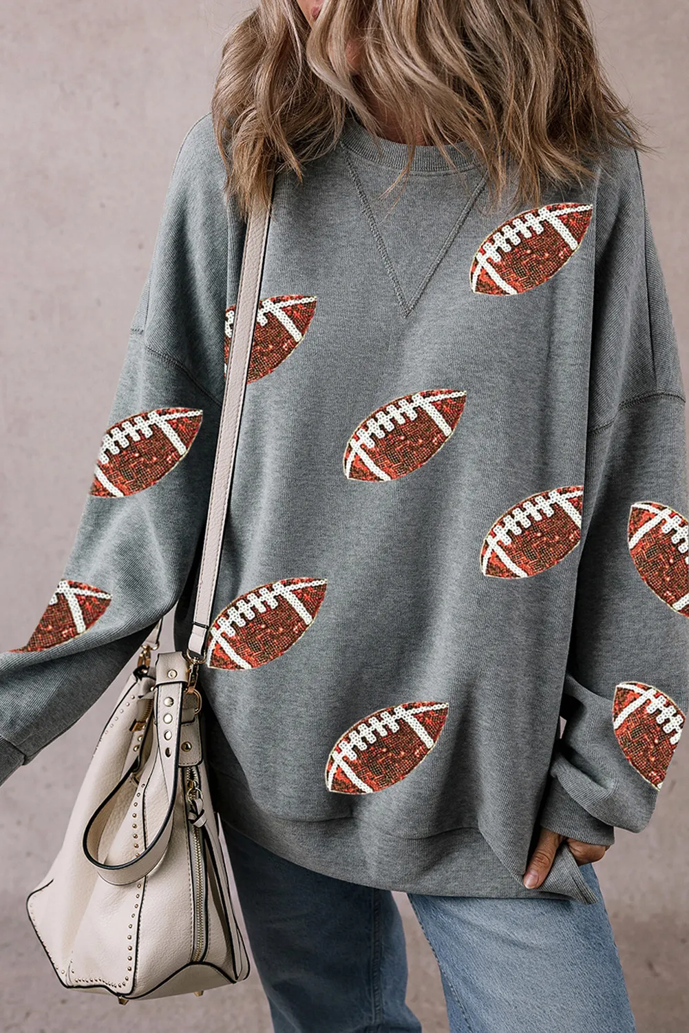 Sequin Football Round Neck Long Sleeve Sweatshirt - Image 2