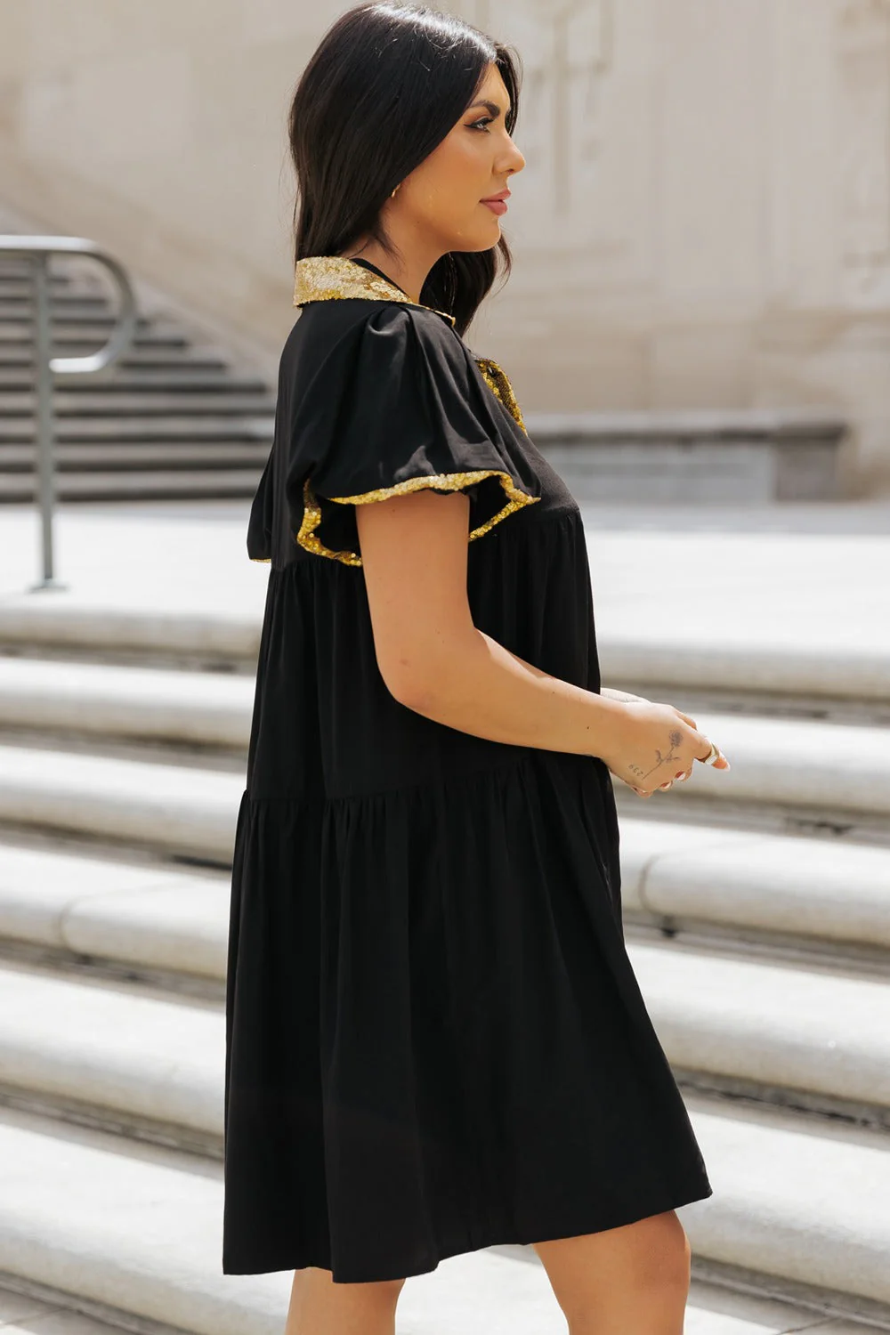 Sequin Half Button Short Sleeve Dress - Image 2