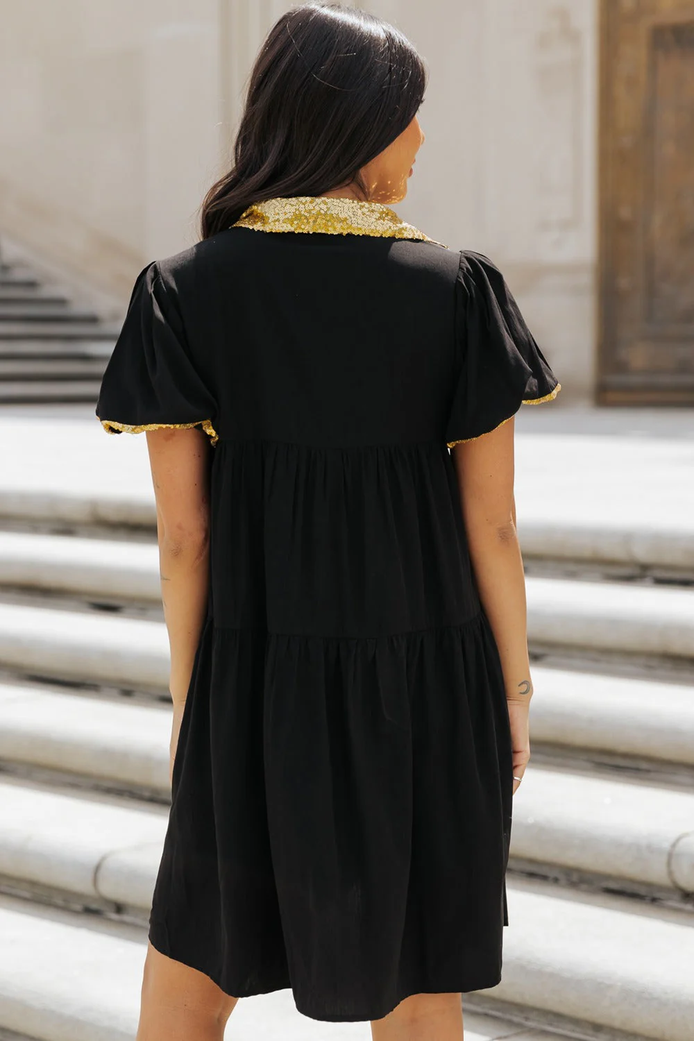Sequin Half Button Short Sleeve Dress - Image 3