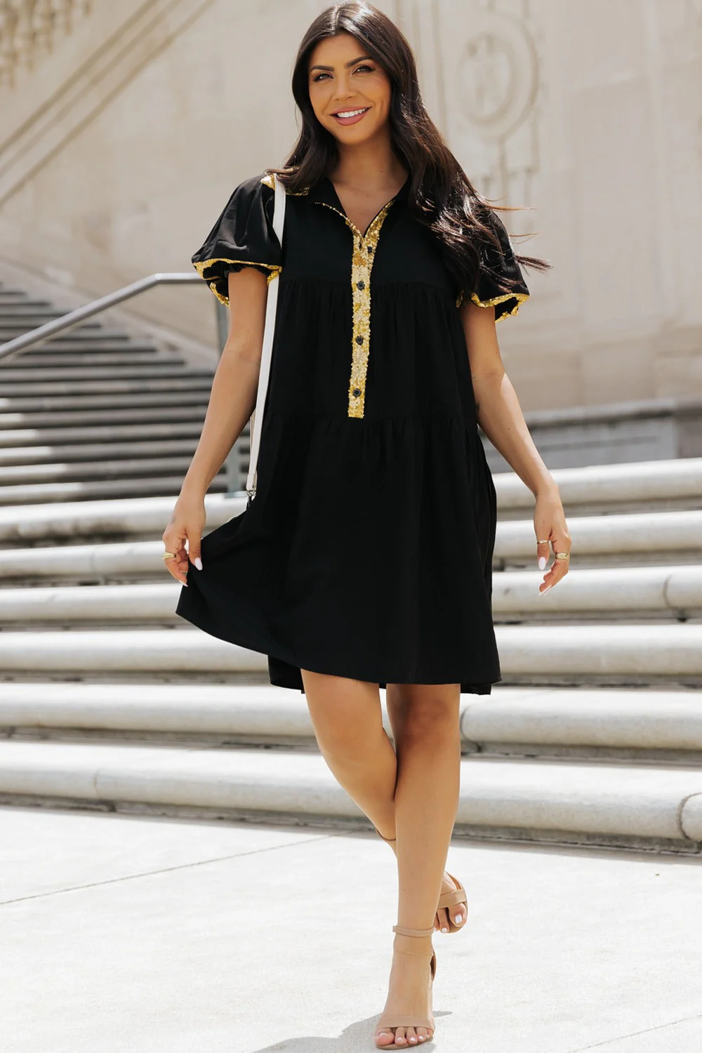 Sequin Half Button Short Sleeve Dress - Image 5