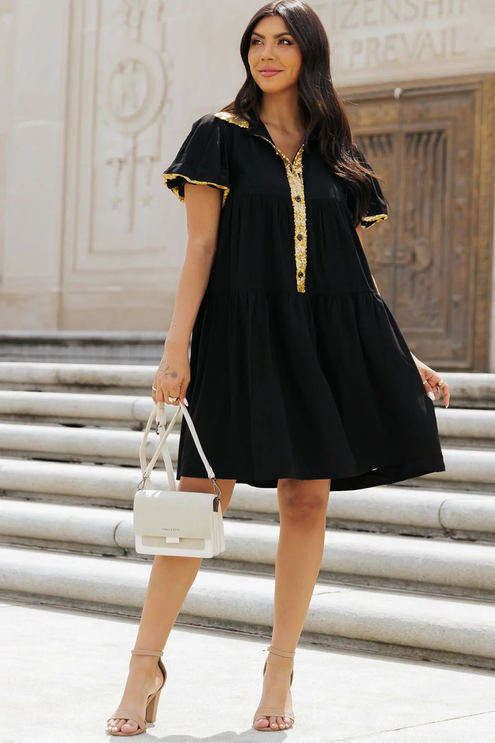Sequin Half Button Short Sleeve Dress - Image 6