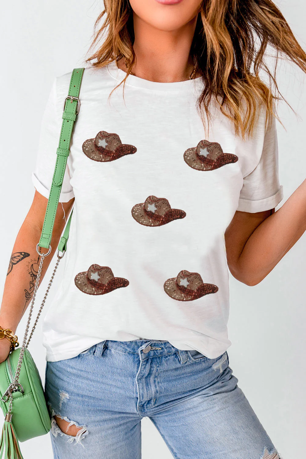 Sequin Hat Round Neck Short Sleeve T-Shirt - Image 2