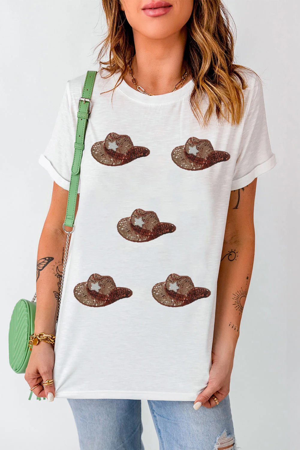 Sequin Hat Round Neck Short Sleeve T-Shirt - Image 3