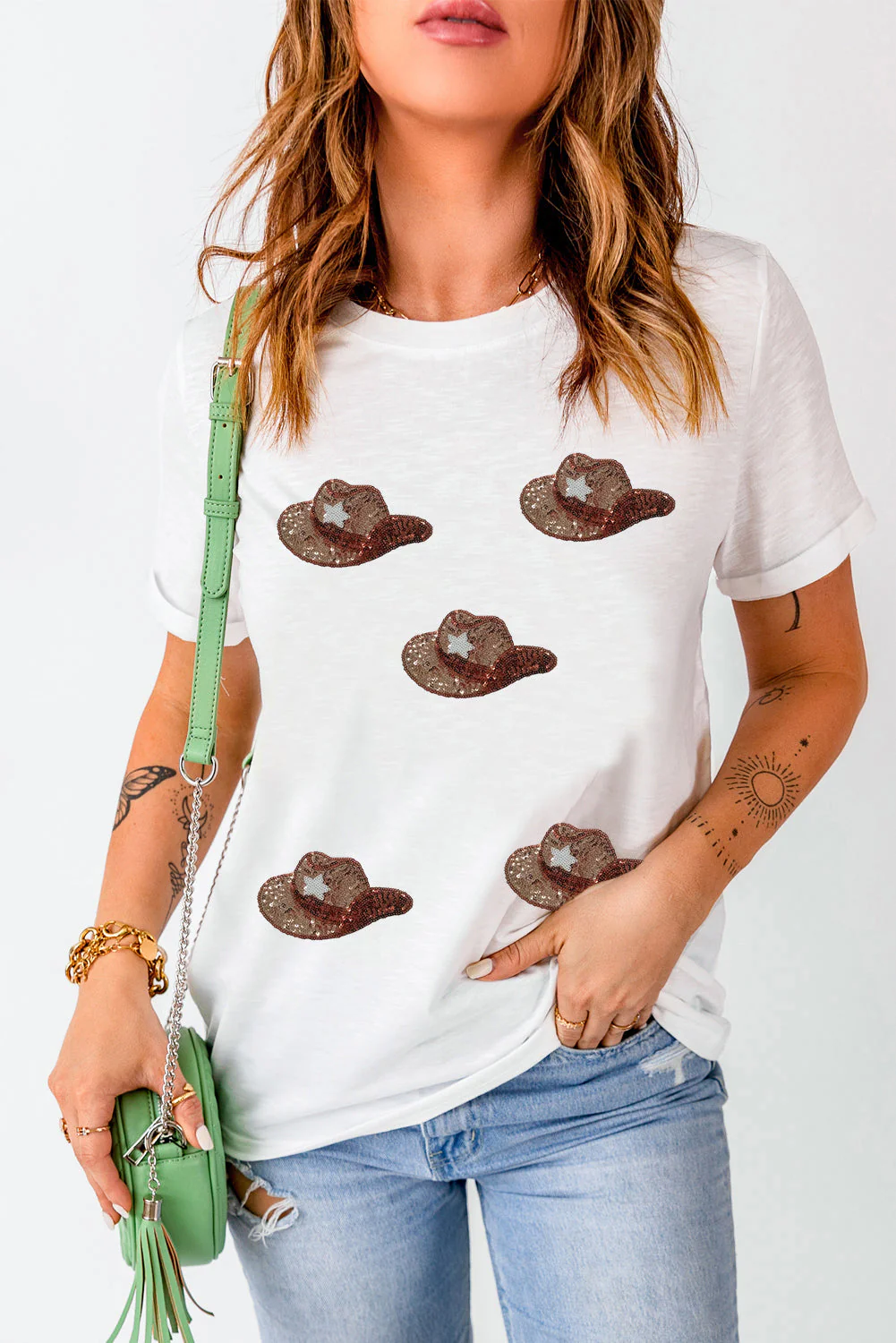 Sequin Hat Round Neck Short Sleeve T-Shirt - Image 4