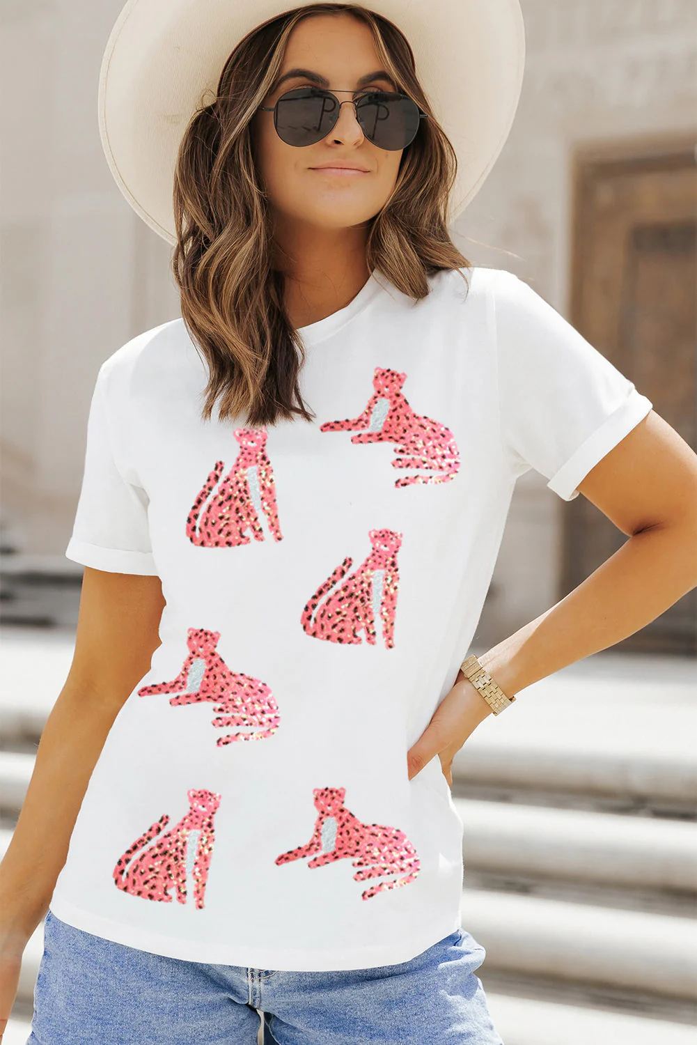 Sequin Leopard Round Neck Short Sleeve T-Shirt - Image 2