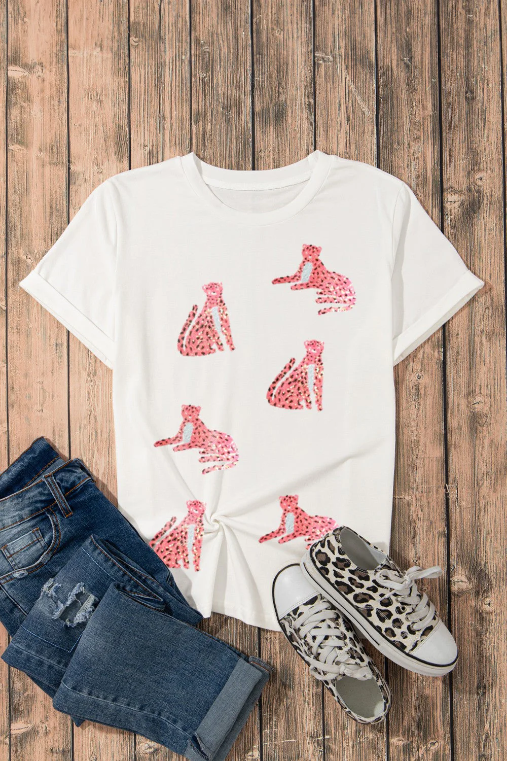 Sequin Leopard Round Neck Short Sleeve T-Shirt - Image 4