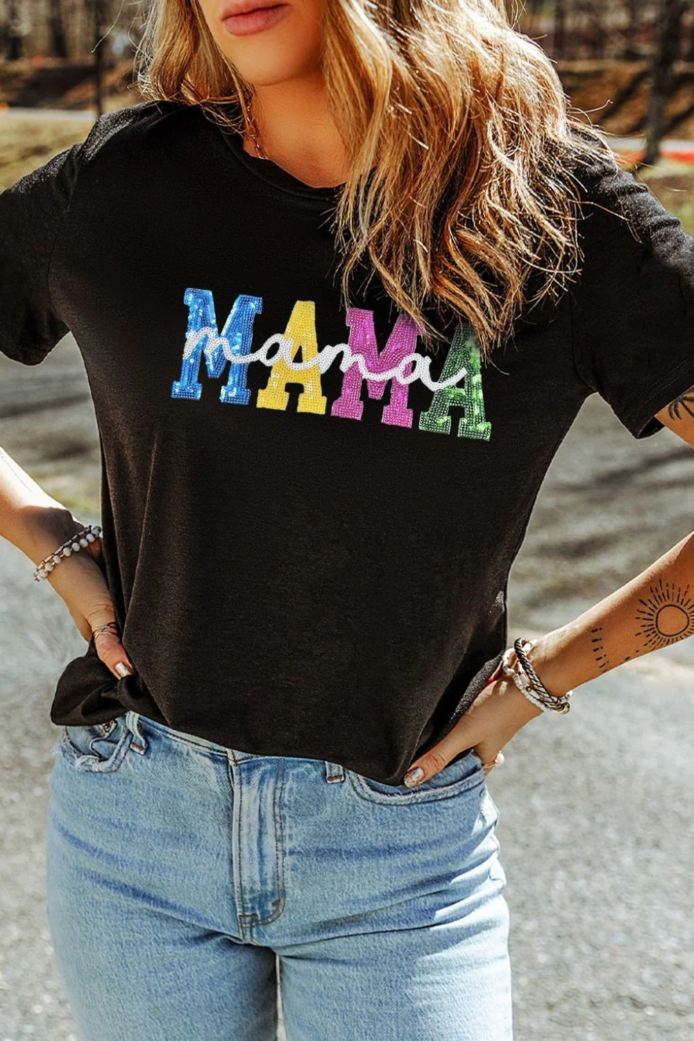 Sequin MAMA Round Neck Short Sleeve T-Shirt - Image 3
