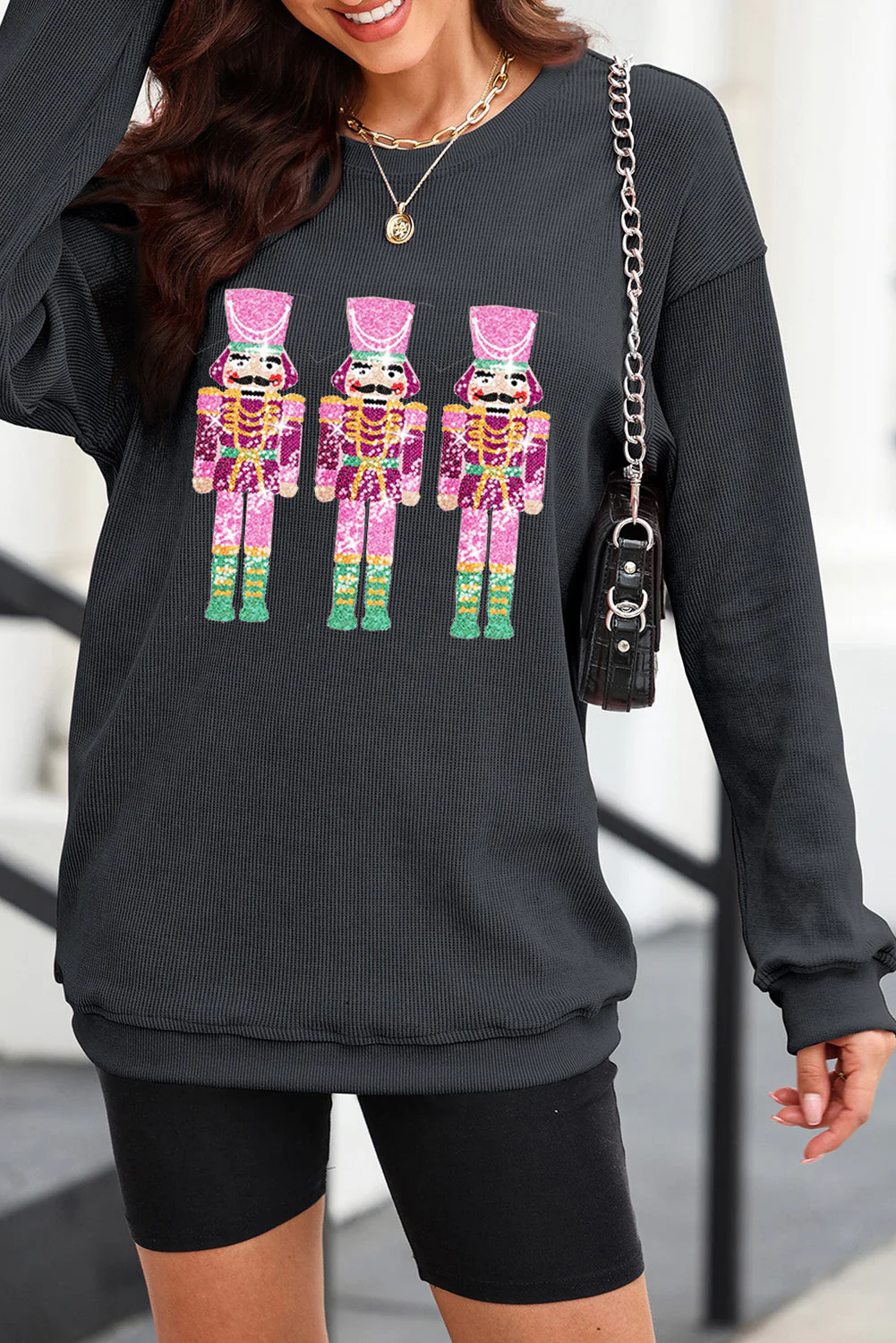 Sequin Nutcracker Round Neck Long Sleeve Sweatshirt - Image 2