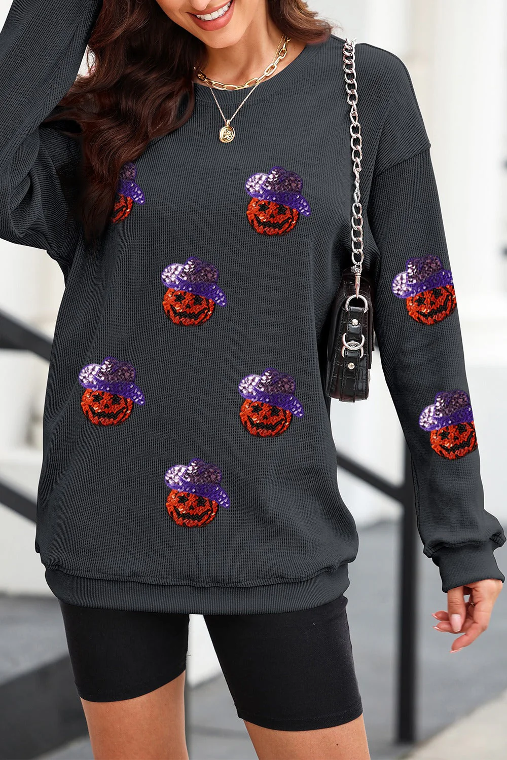 Sequin Pumpkin Long Sleeve Sweatshirt - Image 2