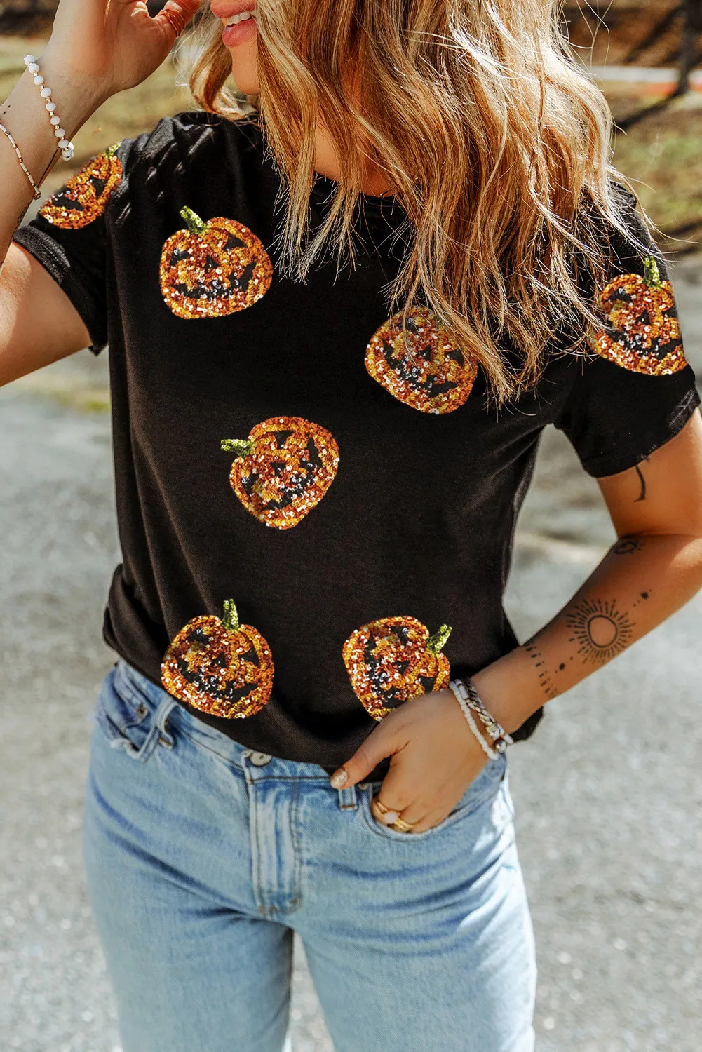 Sequin Pumpkin Round Neck Short Sleeve T-Shirt - Image 2