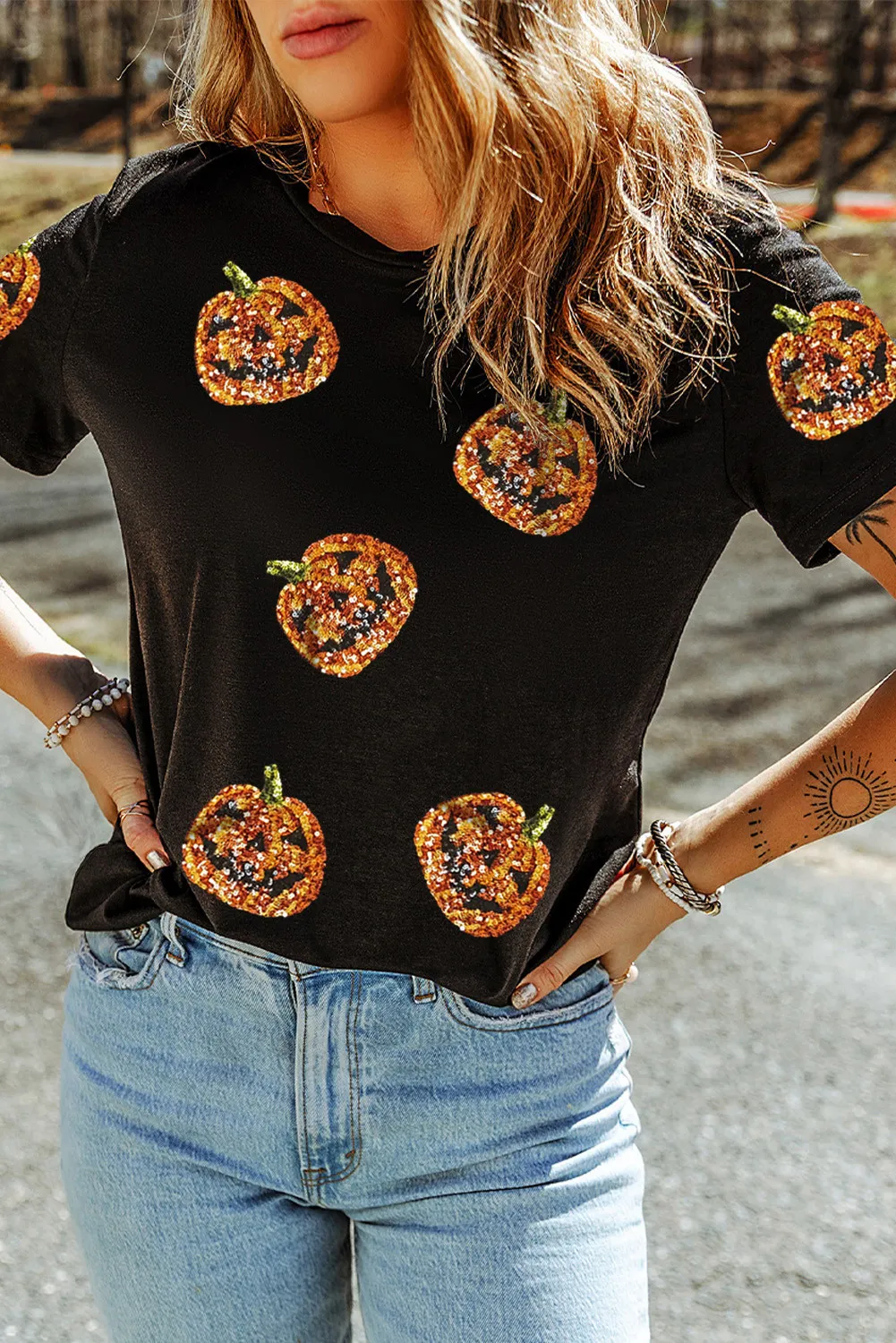Sequin Pumpkin Round Neck Short Sleeve T-Shirt - Image 3