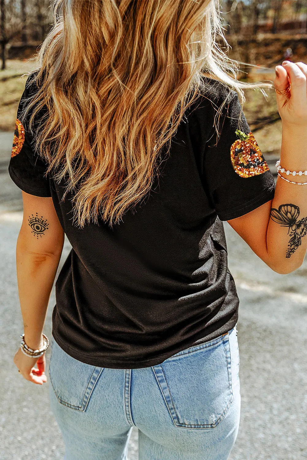 Sequin Pumpkin Round Neck Short Sleeve T-Shirt - Image 4