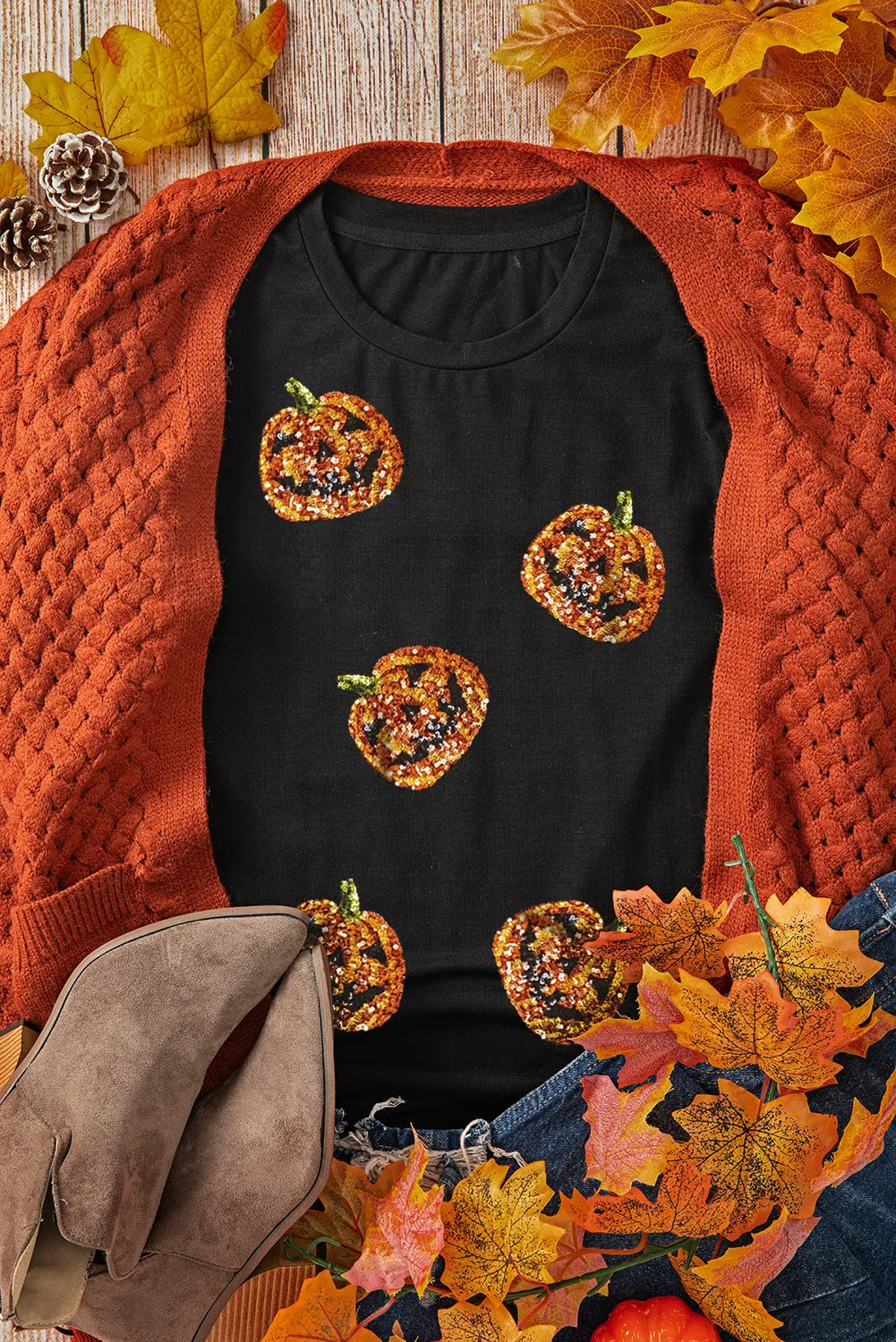 Sequin Pumpkin Round Neck Short Sleeve T-Shirt - Image 5