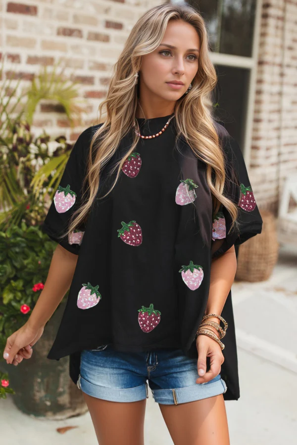 Sequin Strawberry High Low Half Sleeve Relaxed Fit T-Shirt - Image 2