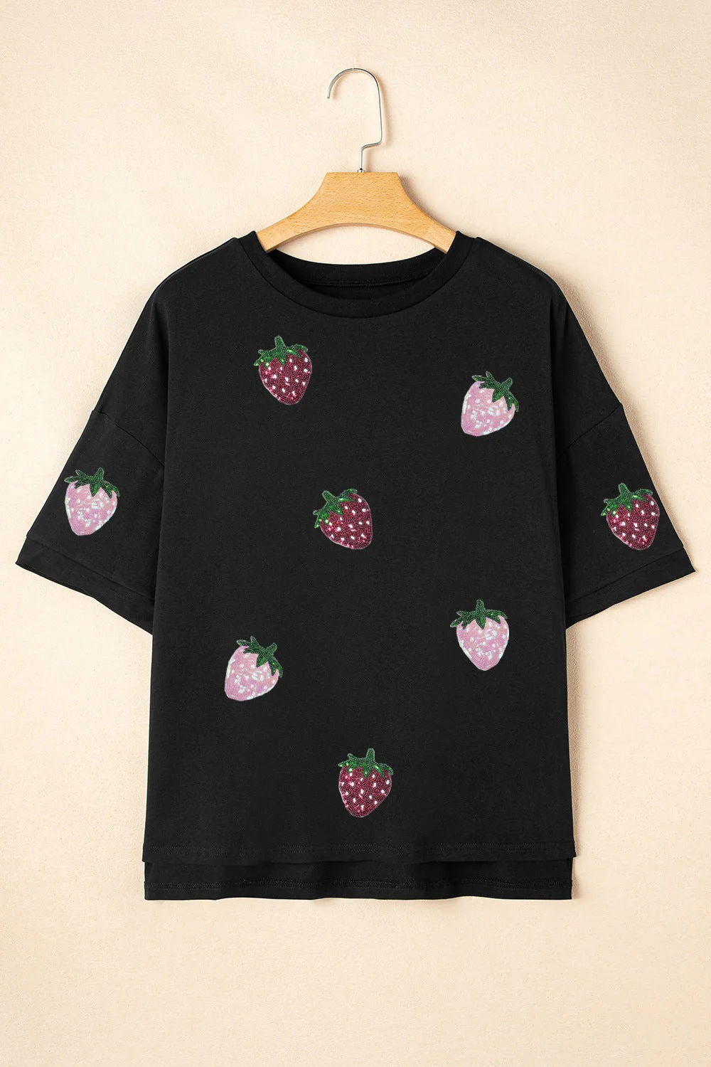 Sequin Strawberry High Low Half Sleeve Relaxed Fit T-Shirt - Image 3
