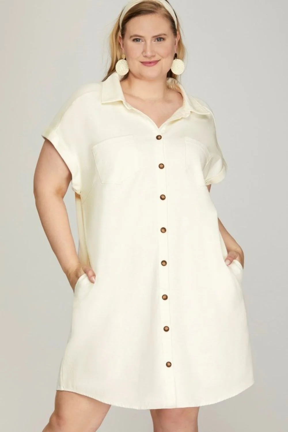 She + Sky Full Size Folded Cuff Button Down Washed Twill Shirt Dress Plus Size - Image 2
