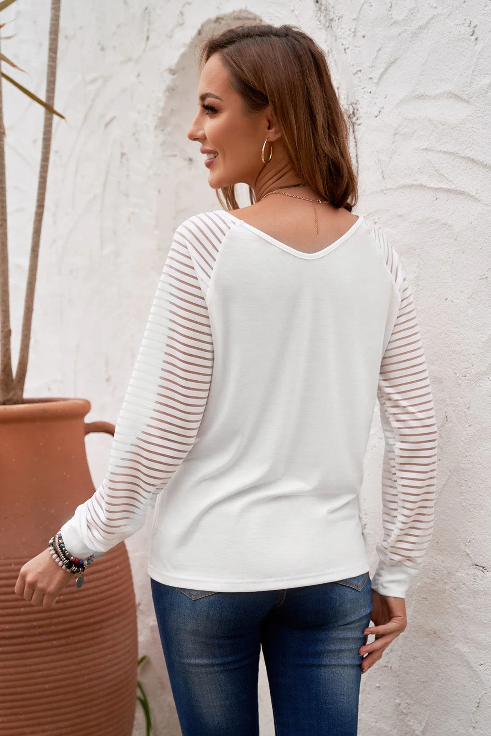 Sheer Striped V-Neck Top - Image 2