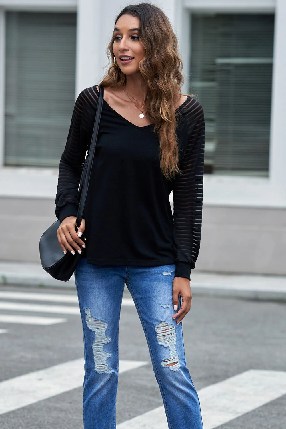 Sheer Striped V-Neck Top - Image 6