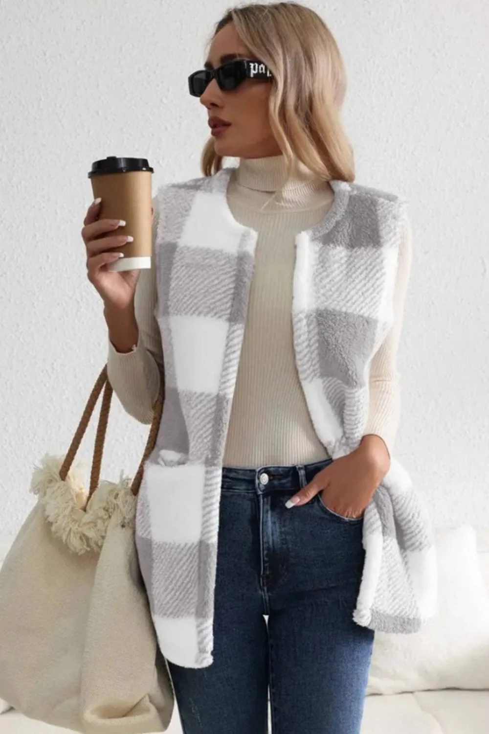 Sherpa Plaid Open Front Vest Coat - Image 10